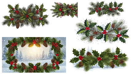 Festive holly and berry border design for elegant Christmas greeting cards, invitations, seasonal banners, and winter decorations with watercolor greenery. © prarthana