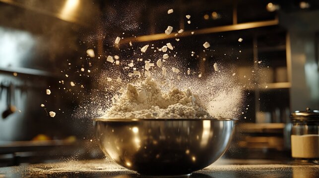 Flour explosion in a metal bowl in a kitchen setting. The flour is bursting out of the bowl, with a cooking background