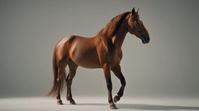 Brown Horse Standing on Gray Background.