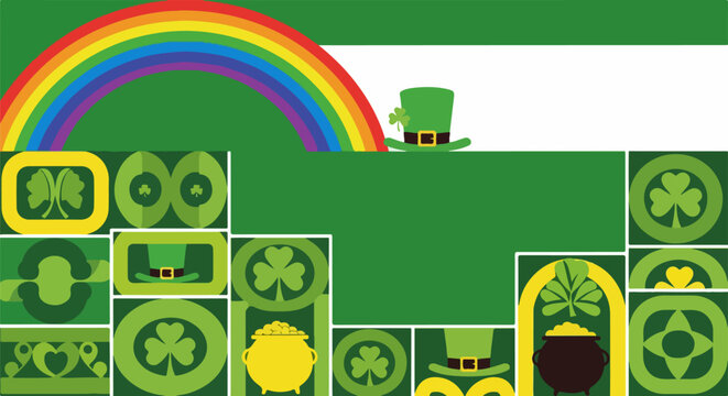 St Patricks Day Abstract Design with Rainbow Leprechaun Hat and Icons 