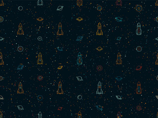 Space seamless pattern with planets, moons and rockets. Abstract cosmic background, celestial pattern with cute planets with orbits and satellites, vector illustration. Cosmos icons with spaceship and © sapunkele