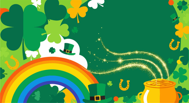 St Patricks Day Background with Rainbow Gold Pot Shamrocks and Hats