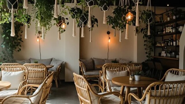 Charming Cafe Interior with Hanging Plants and Cozy Seating.