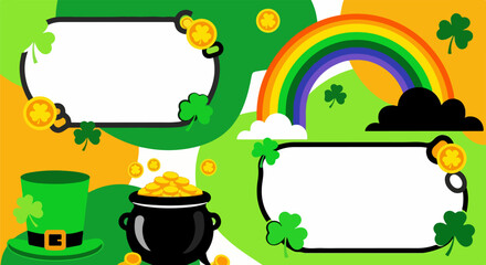St Patricks Day Festive Background with Shamrocks Pot of Gold and Frames