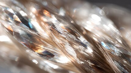 Abstract Macro Shot of Shimmering Crystalline Fibers and Iridescent Glass Strands with Soft Golden Bokeh and Reflective Light Particles