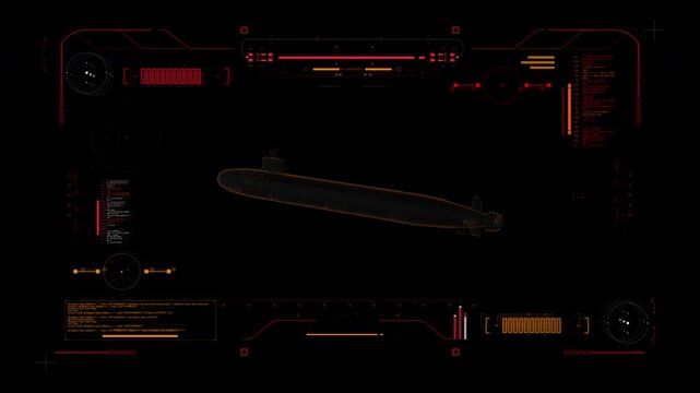 Digital Blueprint Scan of USS Nuclear-Powered Virginia-Class Fast-Attack Submarine. Futuristic User interface HUD 360 View. Military Reconnaissance.