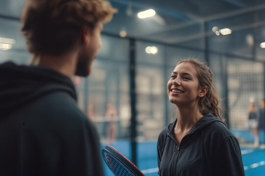 Young Adults Enjoying Fitness Activity in Indoor Sports Center, Smiling and Engaged in Friendly Conversation After Padel