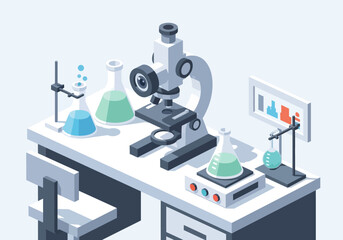 Scientific laboratory equipment with a microscope, beakers, and test tubes on a desk for research and analysis