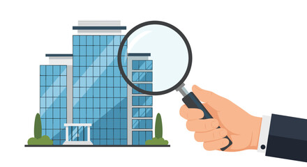 A professional hand holding a magnifying glass is focused on a modern glass office building with blue windows and small trees.