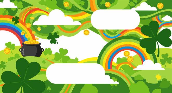 St Patricks Day Landscape with Rainbow Pot of Gold Shamrocks and Clouds