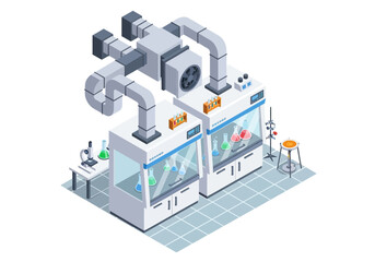 Fototapeta premium Scientific laboratory with fume hoods, glassware, and scientific equipment for experiments and research