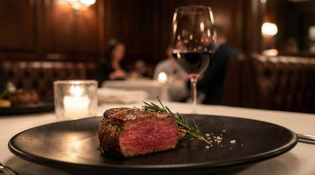 Medium rare filet mignon on black plate with rosemary and sea salt, candlelight dinner setting with red wine glass, elegant fine dining atmosphere, romantic steakhouse concept.