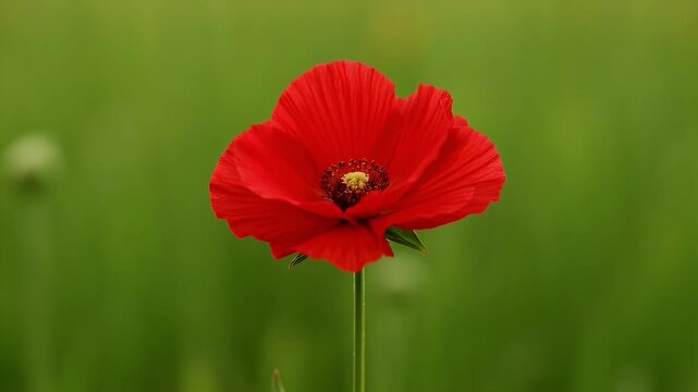 Striking red poppy flower, vibrant against a blurred green background in natural light