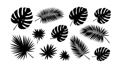 Tropical leaf silhouettes vector set, featuring various palm and monstera plants. Perfect for a lush jungle atmosphere and vibrant summer aesthetic in design