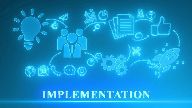 Business process flow chart with icons for implementation, teamwork, communication, and success on a light blue background