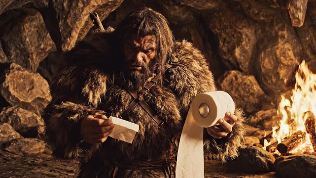 Cave man reading ancient scroll fire.
