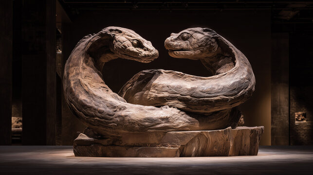 A fossilized two-headed serpent emerging dramatically from stone under museum lighting, evoking ancient mysteries.
