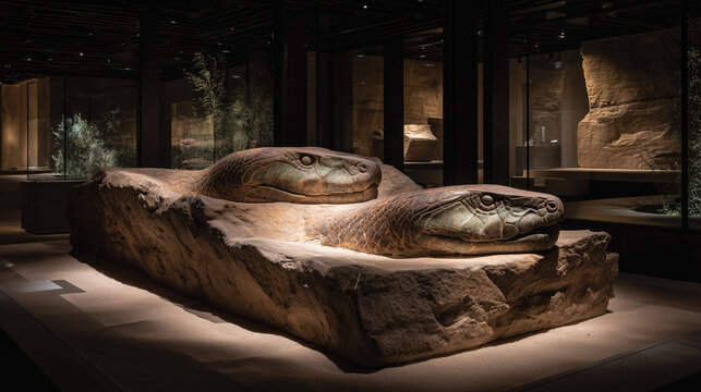 A fossilized two-headed serpent emerging dramatically from stone under museum lighting, evoking ancient mysteries.