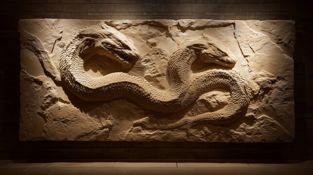 A fossilized two-headed serpent emerging dramatically from stone under museum lighting, evoking ancient mysteries.
