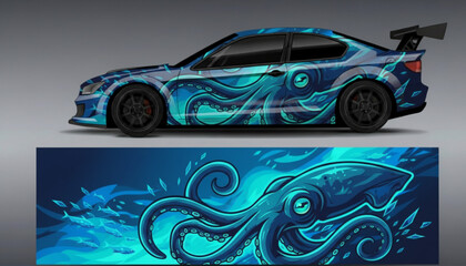 A blue sports car with a custom aquatic octopus wrap design, showcasing the detailed artwork below. © DB stock
