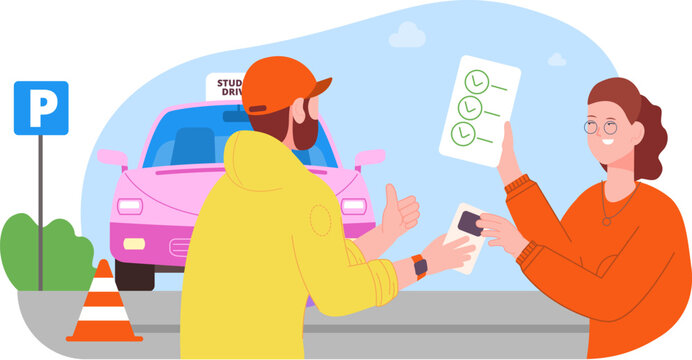 Successful driving exam student character color scene