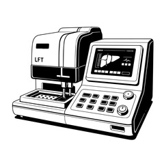 Liver Function Test (LFT) Machine Vector Icon &ndash; Black and White Clinical Analyzer Illustration, Medical Laboratory Equipment Symbol, Biochemistry Testing Device 