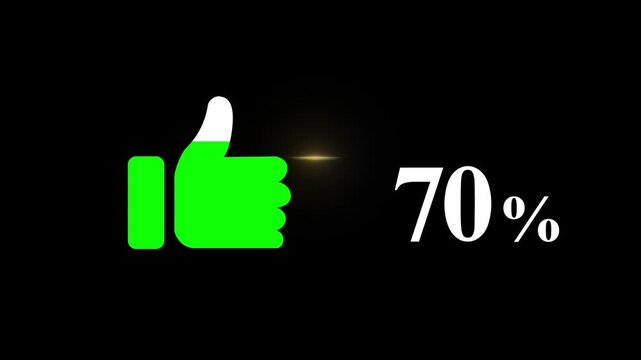 Minimalistic thumb up animation featuring a progressive green fill, symbolizing positive feedback or stock growth reaching 70 percent, set against a black background for like with percent animation h