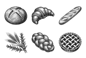 Fototapeta premium Vintage hand drawn engraving style bakery collection featuring assorted breads, pastry, lattice pie, and wheat stalks on a white surface.