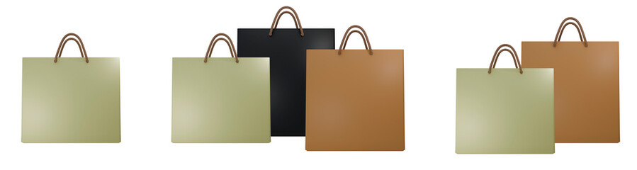 A set of paper bags in various shades of yellow, orange and black with rope handles. Designed for carrying groceries, discounted items, or gifts. © Aruvia