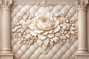 Fototapeta premium 3D Luxury Wall Panel Relief with Elegant Peonies and Roses on Quilted Leather Background with Neoclassical Columns