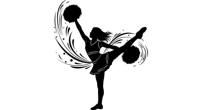 Cheerleader performs energetic kick with pom-poms in hand on stage