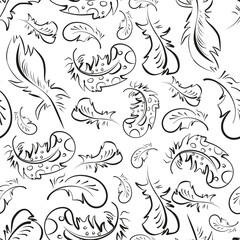 Naklejka premium Seamless pattern of bird feathers. In doodle style on isolated white background. For wallpapers, backgrounds, print wallpapers, fabrics and wrapping paper