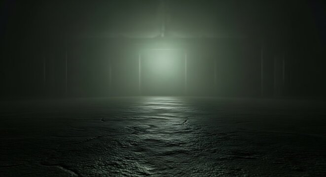 Mysterious green light in dark room foggy atmosphere eerie ambiance.