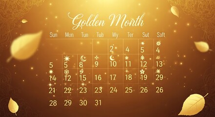 Golden Month Calendar with Falling Leaves and Warm Tones.