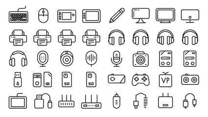 Fototapeta premium A diverse set of outline icons representing various computer peripherals and digital devices, including keyboards, mice, printers, headphones, cameras, and storage media.