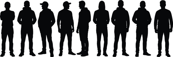 Standing people silhouettes collection in casual outfits, diverse men and women figures isolated on white background vector illustration set