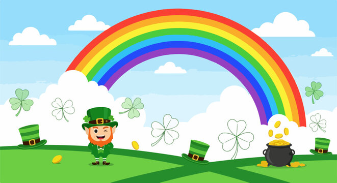 Happy St Patricks Day Leprechaun with Rainbow Pot of Gold