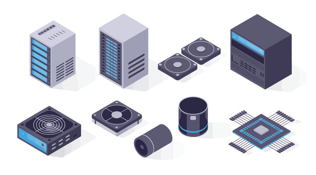 Isometric illustration of server racks, computer towers, fans, and a CPU, symbolizing data centers, cloud computing, and IT infrastructure.
