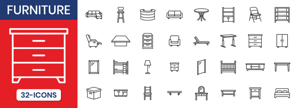 Furniture Thin Line Icon Set Minimal Outline Style