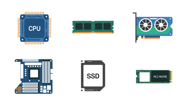 Colorful flat vector icons of computer components, including CPU, RAM modules, graphics card, motherboard, SSD, and NVMe drive, for digital technology and hardware concepts.