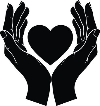 Two hands gently cupping or holding a heart shape, pure black silhouette, a clean white background
