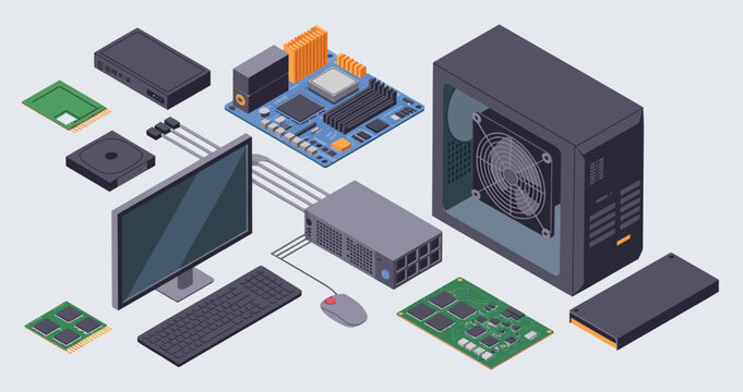 Isometric illustration of a disassembled computer, showing components like the motherboard, CPU, GPU, RAM, power supply, hard drive, and monitor, representing PC assembly.