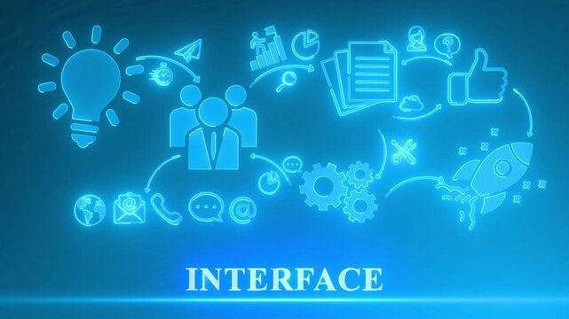 Neon Interface Concept Flowchart with Icons and Text on Light Blue Background technology user experience