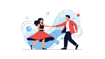 Fototapeta premium Elegant couple happily dances together against abstract blue and white artistic background representing romance celebration and social events.
