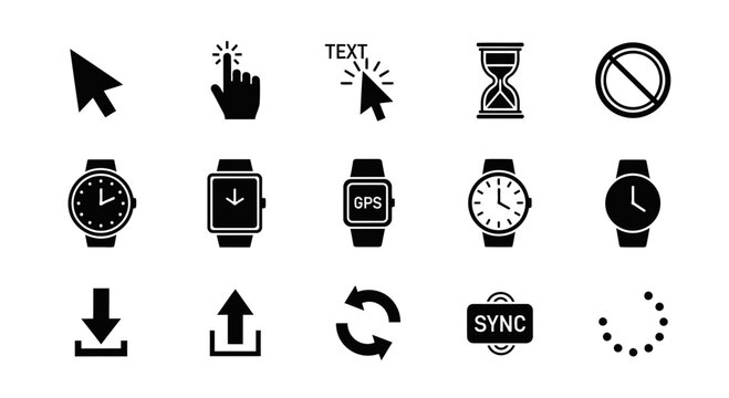 Collection of black and white icons featuring cursors watches navigation and status symbols
