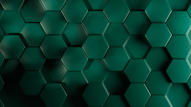 3D background with castleton green hexagon pattern. 3d hexagon pattern with different depths. pattern 3d shape background
