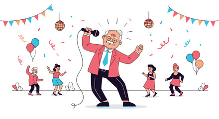 Fototapeta premium A cheerful elderly man is enthusiastically singing into a microphone, surrounded by five other dancing seniors at a vibrant party filled with confetti and balloons.