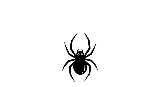 Cartoon Spider Hanging on Web Thread Isolated on White Background