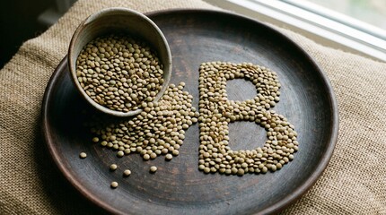 Top down view of green lentils forming the letter B next to a spilled bowl on a rustic clay plate