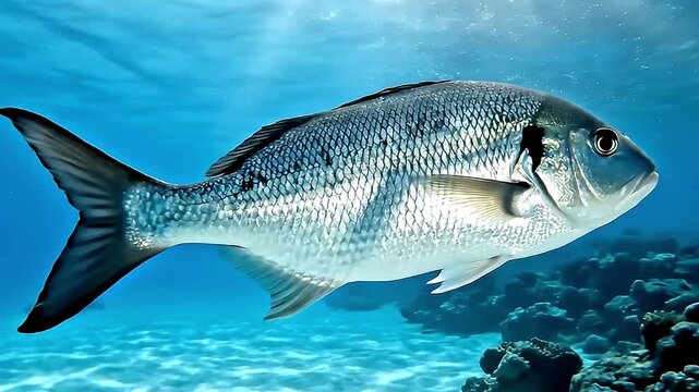 A beautiful fish swims gracefully through crystal-clear blue ocean water. Sunlight streams down from the surface, creating captivating patterns on the sandy seabed and illuminating the fish's shimmeri